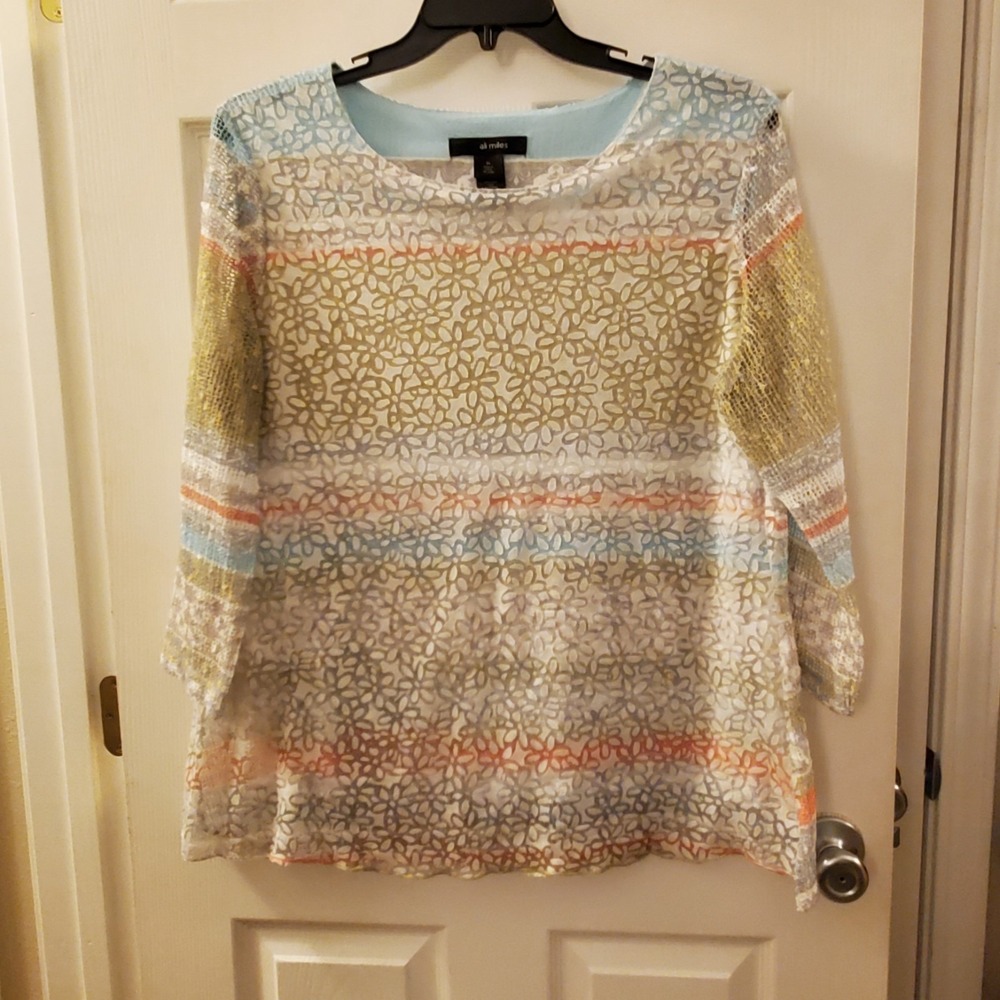 Ali Miles sz XL Mix Fabric Tunic Top Mesh Texture Burnout Colorful Artsy‎ Unique